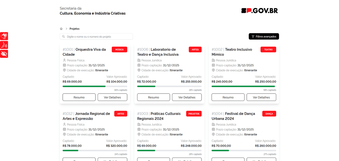 Listagem de projetos